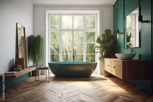 Modern  mid century  and minimalist bathrooms with parquet floors  white walls with morning sunlight  modern green bathroom vanities  and white bathtubs. Generative AI