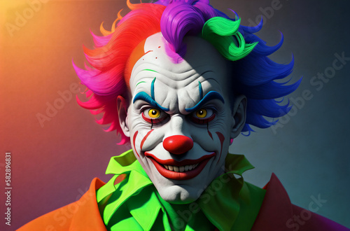 Male clown with creepy expression on face. Portrait of terrible jester in bright style. Generative AI.
