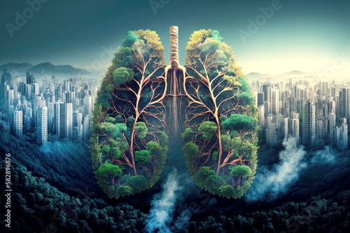 The green lungs of the planet Earth. Shape of the lung in the middle of a town. Concept to protect nature and forest. Natural CO2 reduction. Generative AI photo