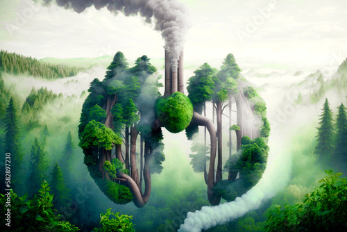 The green lungs of the planet Earth. Shape of the lung in the middle of the forest. Concept to protect nature and forest. Natural CO2 reduction. Generative AI