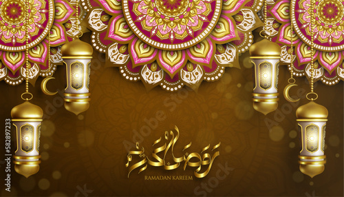 modern ramadan kareem design with hanging lanterns and flowers