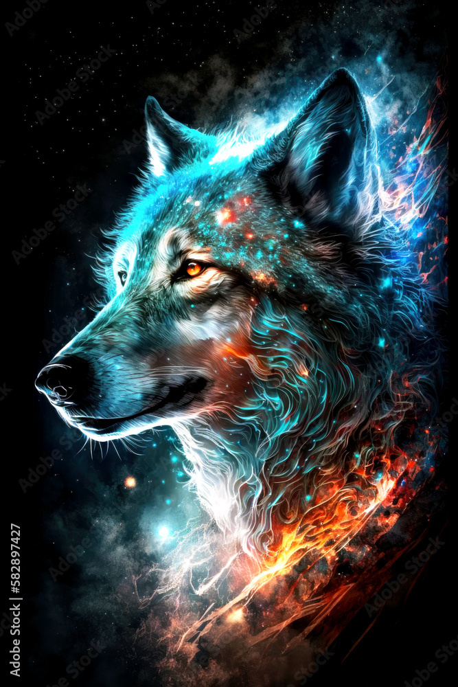 Fototapeta Powerful Epic Legendary Wolf with glowing face in Universe on black background. Spiritual Animal Awakening Concept.Magical Fantasy Epic Wallpaper. Generative AI.