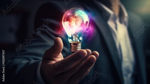 businessman hand metaphor of the lightbulb process of innovation and problem-solving in the human brain, GENERATIVE AI