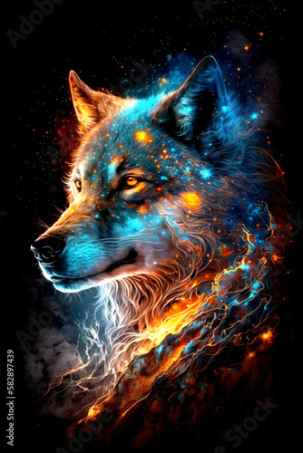Powerful Epic Legendary Wolf with glowing face in Universe on black background. Spiritual Animal Awakening Concept.Magical Fantasy Epic Wallpaper. Generative AI.