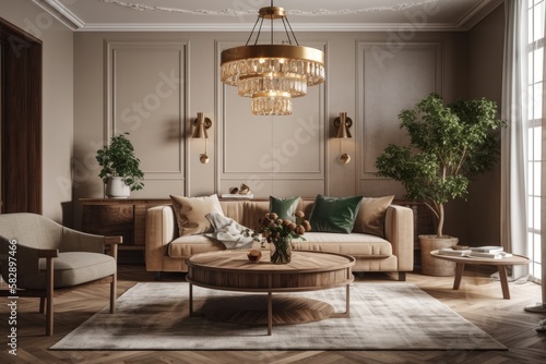 Classic beige interior. A Scandinavian wooden coffee table, two brown sofas with dark brown stripes, and beige floor tiles complete the interior. chandelier made of exquisite forged metal. Generative © AkuAku
