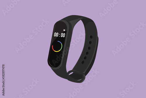 Cartoon flat style drawing smart band for fitness, run tracker. Digital smart fitness watch bracelet with touchscreen. Wristband with running activity steps counter. Graphic design vector illustration