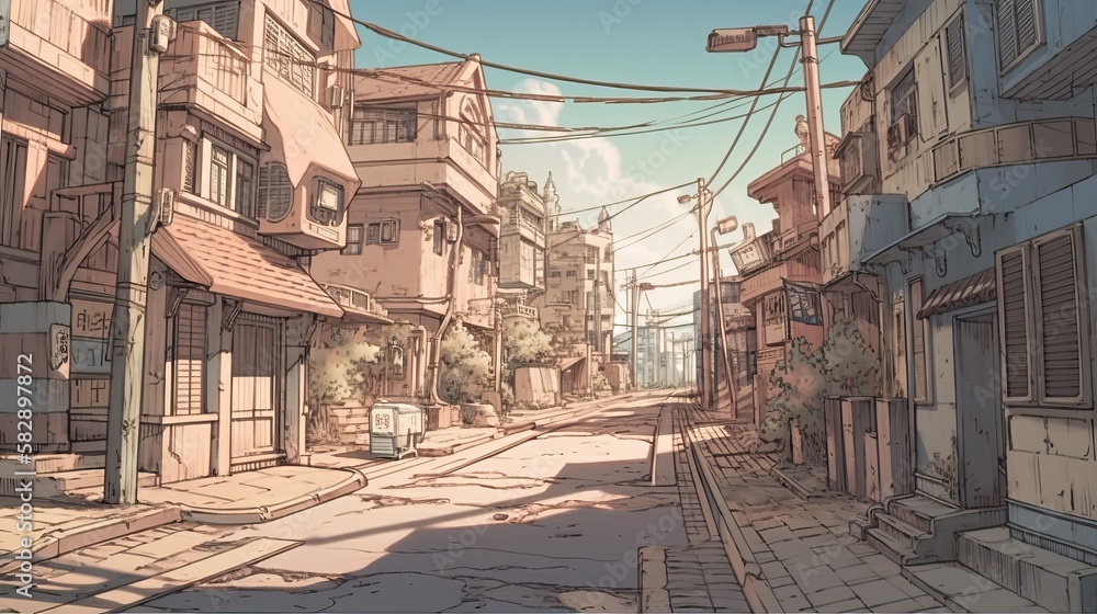 Empty town background. Anime cartoon style drawing. Generative AI technology.	