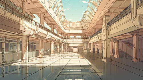 Empty shopping mall background. Anime cartoon style drawing. Generative AI technology.