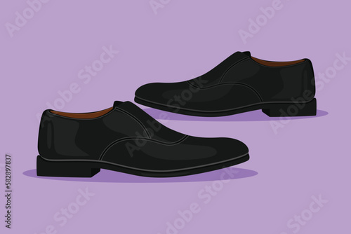 Character flat drawing shoes realistic with stylish black men oxford boots for cobbler shoe shop for ads, promo and banner of accessories kit for shoeshine service. Cartoon design vector illustration