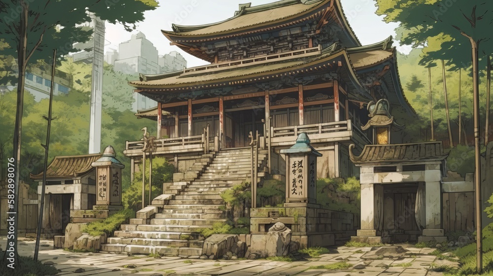 Abandoned shinto temple background. Generative AI technology. Abandoned shinto temple background. Generative AI technology.