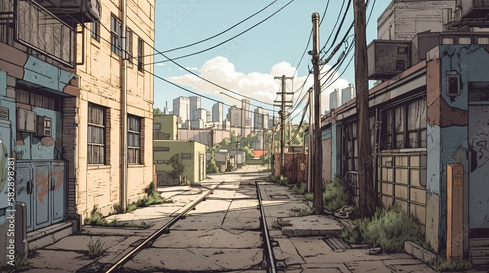 Abandoned empty city background. Anime cartoon style drawing. Generative AI technology. Abandoned empty city background. Anime cartoon style drawing. Generative AI technology.