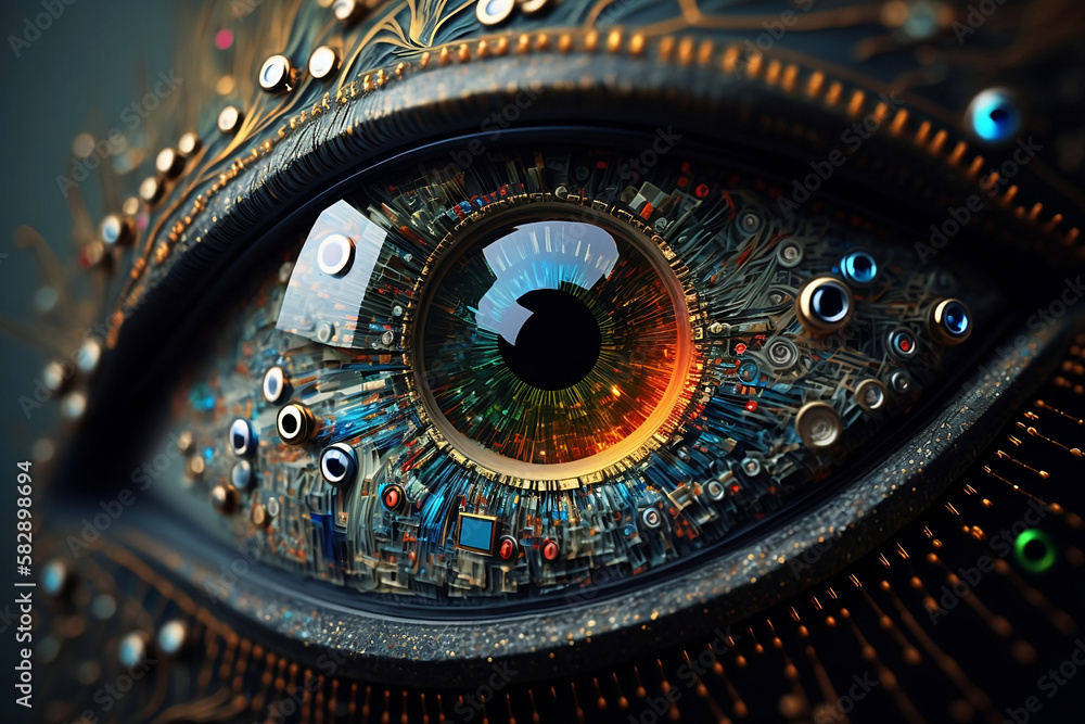 eye emerging out of computer circuitry. Spying, surveillance, unblinking eye, spy, big data