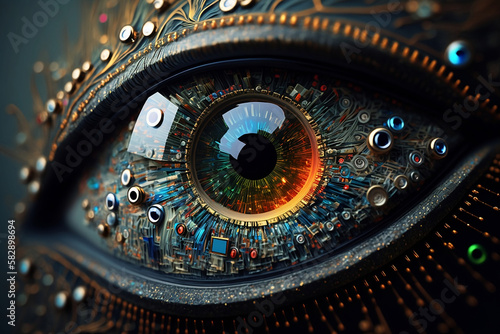 eye emerging out of computer circuitry. Spying  surveillance  unblinking eye  spy  big data