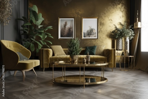 A unique living room in a modern setting with a design sofa, a coffee table plated in fine gold, faux poster frames, flowers in vases, decorations, and personalized home accents. Template. Generative © AkuAku