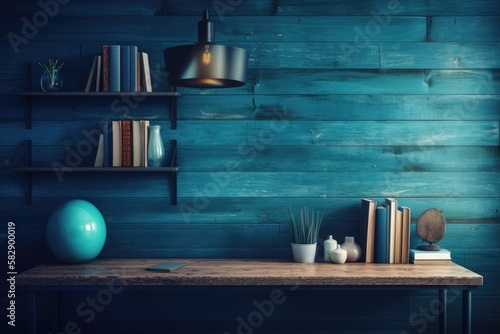 illusstration Interior of a room with a blue wall backdrop and a wooden shelf with decorations. Generative AI photo