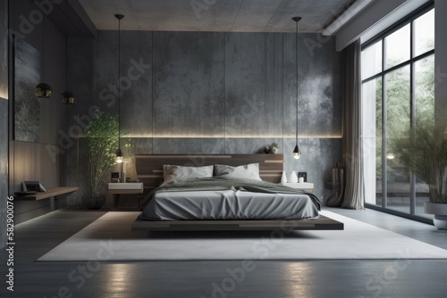 Use this mock up of a bedroom's interior, complete with furnishings in a modern, contemporary design, to showcase your goods. Generative AI © AkuAku