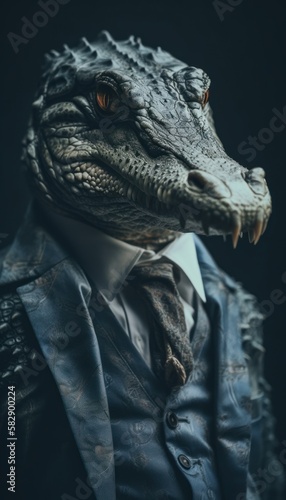 Crocodile in a stylish business suit. Portrait of a business animal in a tuxedo. generative ai