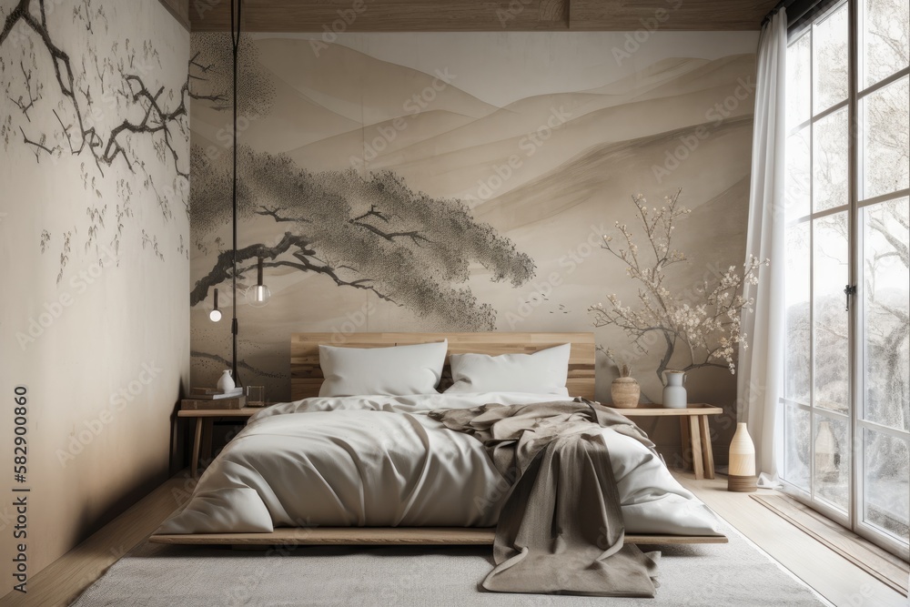 Wabi sabi wallpaper and wall art in a bedroom in white and beige tones ...