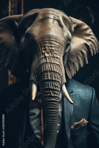 elephant in a stylish business suit. Portrait of a business animal in a tuxedo. generative ai
