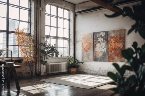 Mock canvas art hanging in a contemporary loft. Generative AI