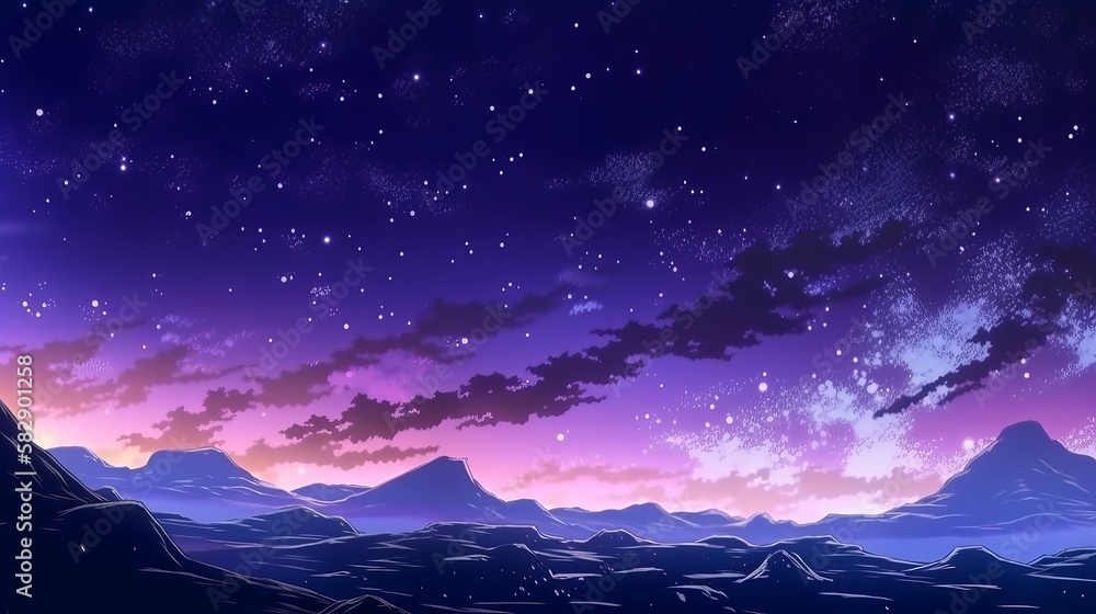 Mountain panoramic night sky star background. Anime cartoon style drawing. Generative AI technology.