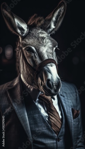 Donkey in a stylish business suit. Portrait of a business animal in a tuxedo. generative ai © megavectors