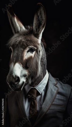 Donkey in a stylish business suit. Portrait of a business animal in a tuxedo. generative ai