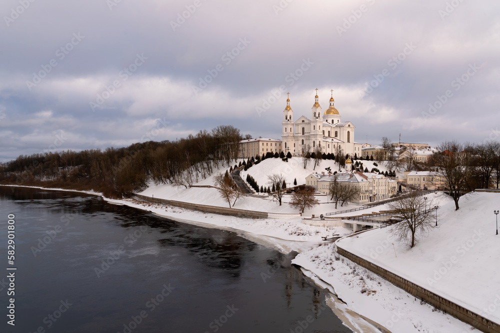 Assumption Mountain, the Holy Spirit Monastery and the Holy Assumption Cathedral on the banks of the Western Dvina and Vitba rivers on a winter day, Vitebsk, Belarus