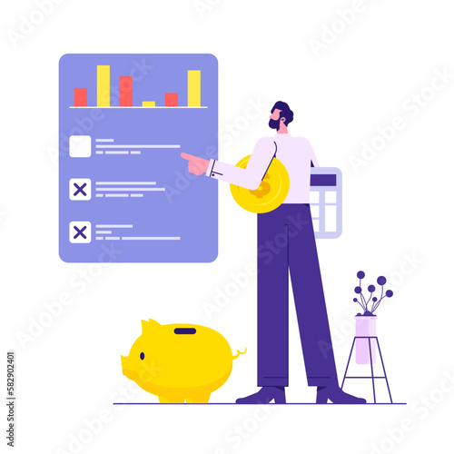 Businessman holding money coin think about budget planning, budget planning, personal finance to allocate expense or payment, income and saving, accounting concept