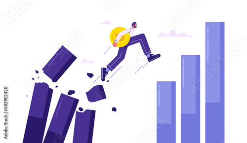 Change investment from down turn to rising up concept, businessman investor jumping jumping off the falling chart to growth chart