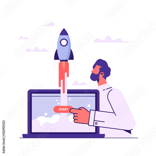 Businessman start up launching product or business with rocket, Concept startup launch of a new business 
