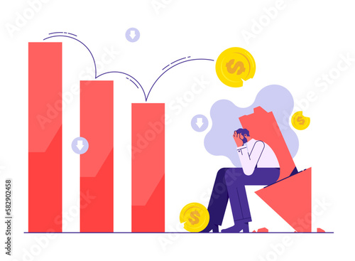Financial crisis, unexpected stock market drop, money loss, capital devaluation, risky investment strategy, illustration of a man crying because his business is down