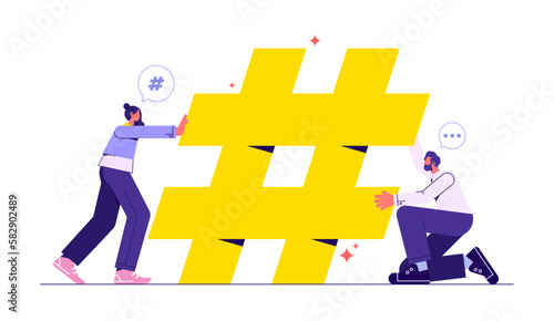 Group of people make hashtag icon-Social media marketing. Concept of hashtag for social media marketing advertising, blogging, media planning, promotion in social network