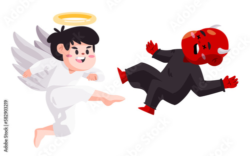Fight kicking angel versus daemon evil good vs bad cartoon character