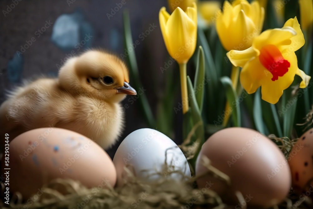 Cute baby chick standing next to Easter eggs and tulips for Spring