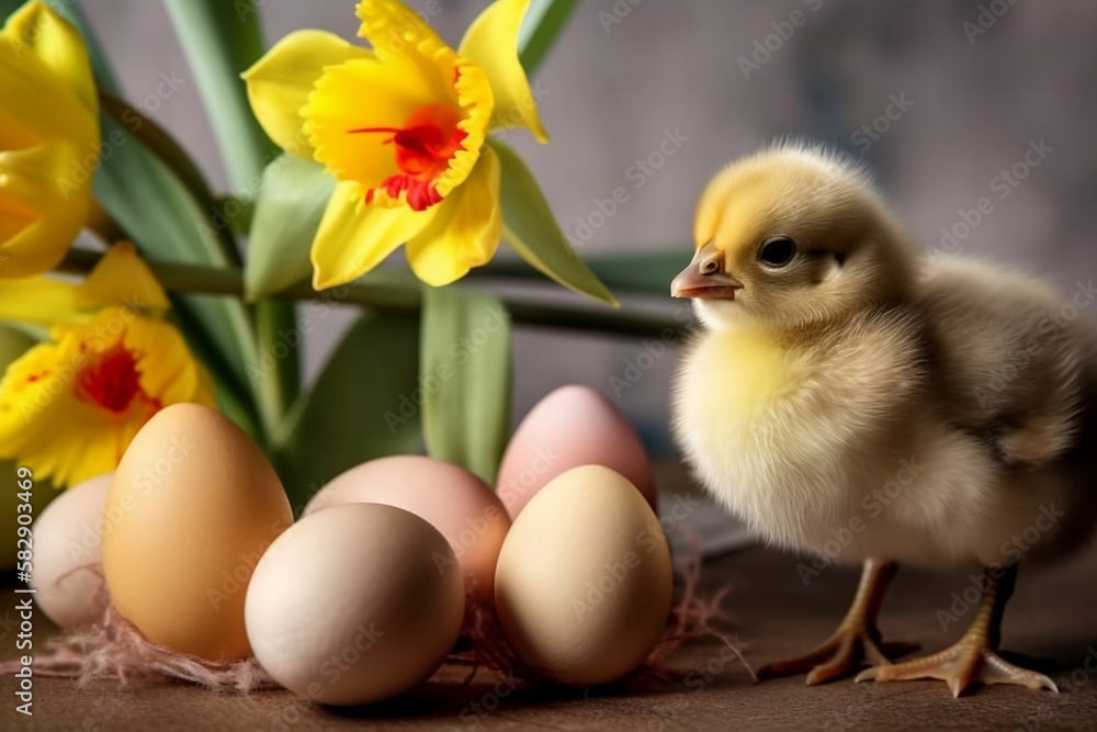 Baby Easter chick standing next to eggs and Spring flowers