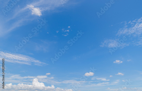 Panoramic view of clear blue sky and clouds, Blue sky background with tiny clouds. White fluffy clouds in the blue sky.