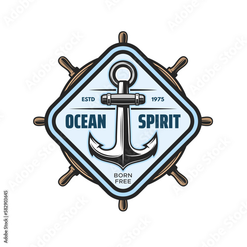 Marine heraldic icon with ship anchor, nautical sailing and ocean adventure club vector symbol. Ship anchor and helm heraldic badge for marine regatta, seafaring academy and voyager sail club