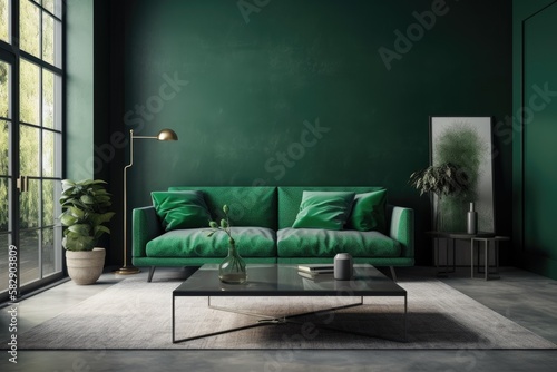 Mockup living room with emerald green painted walls, a green sofa, and a green coffee table. Generative AI