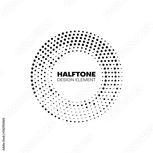 Halftone circle frame border with pattern of black dots. Round frame with vector texture of abstract dots, spots and bubbles. Modern half tone banner or label with abstract geometric pattern