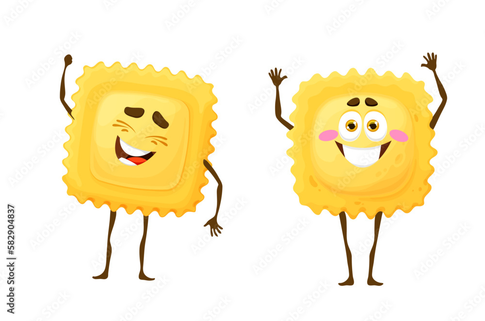 Cartoon ravioli pasta characters. Isolated vector funny macaroni