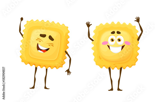 Cartoon ravioli pasta characters. Isolated vector funny macaroni personages with friendly positive faces. Italian cuisine kawaii emoji, cute adorable dinner emoticon, comic pasta noodles dish of Italy