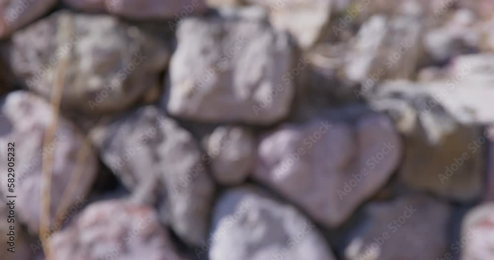 Woman scrolls social media on white smartphone during walking against stone fence. Lady tourist reads news and puts phone away Woman scrolls social media on white smartphone during walking against stone fence. Lady tourist reads news and puts phone away