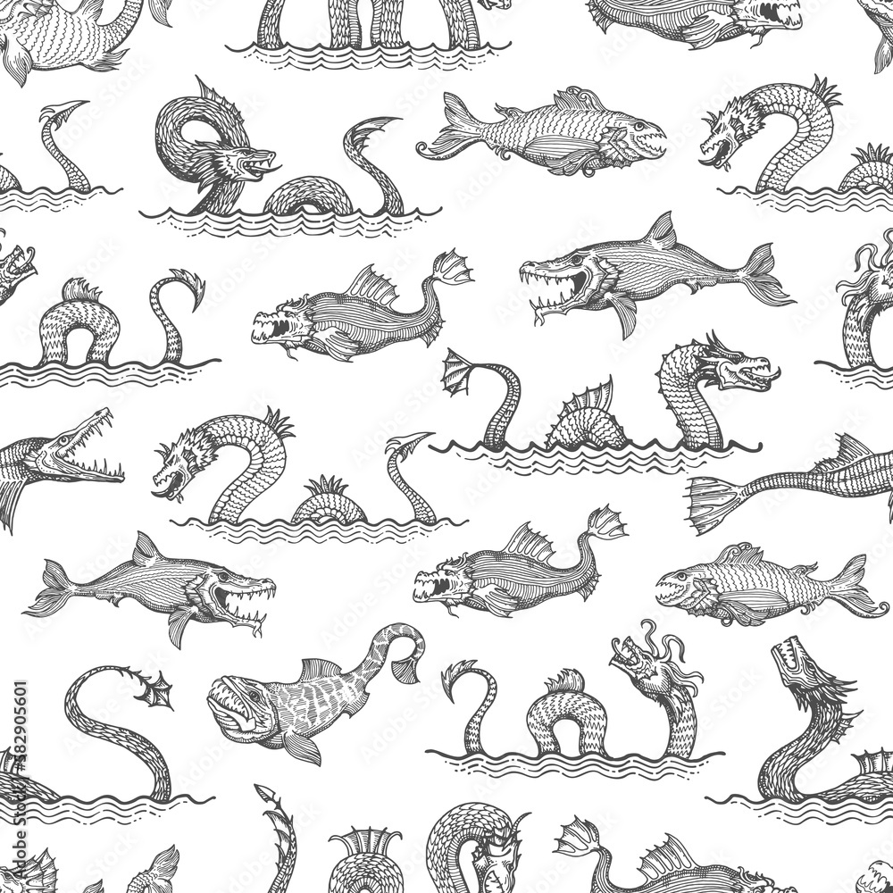 Ancient sea serpent, dragon and leviathan animals seamless pattern, vector background. Sea fish monsters and fantastic ocean creatures in vintage line hatching pattern, marine krakens with tentacles Ancient sea serpent, dragon and leviathan animals seamless pattern, vector background. Sea fish monsters and fantastic ocean creatures in vintage line hatching pattern, marine krakens with tentacles