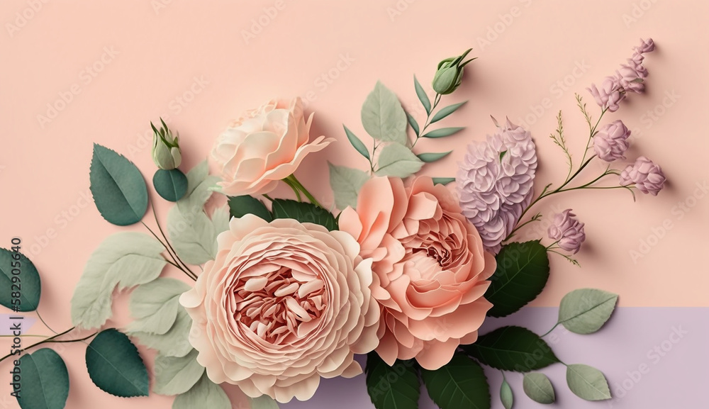 Bouquet of Pink Roses Flowers on a Pastel Pink Background, Generative AI