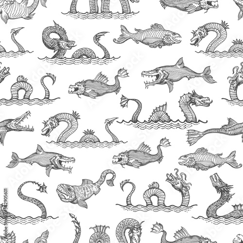 Ancient sea serpent, dragon and leviathan animals seamless pattern, vector background. Sea fish monsters and fantastic ocean creatures in vintage line hatching pattern, marine krakens with tentacles