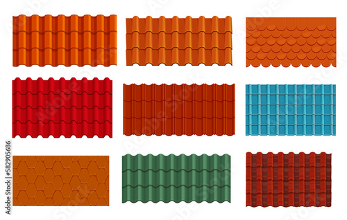 Roof tiles texture backgrounds and seamless patterns, vector house rooftops. Orange, red, green and blue roof top tiles of clay shingle, home rooftop covers and ceramic terracotta tilings