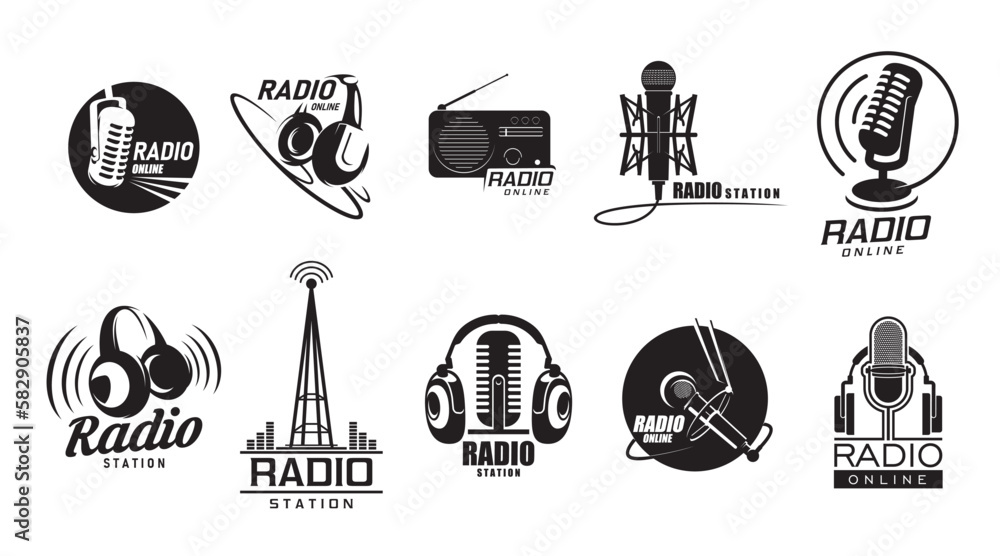Vetor do Stock: Online radio icons, radio station podcast and music sound,  vector symbols. Web radio app icons for internet FM radio broadcast, online  audio news and DJ live play stream in