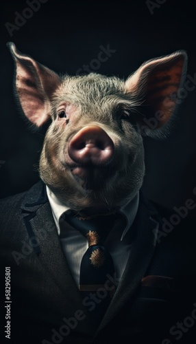 Pig in a stylish business suit. Portrait of a business animal in a tuxedo. generative ai