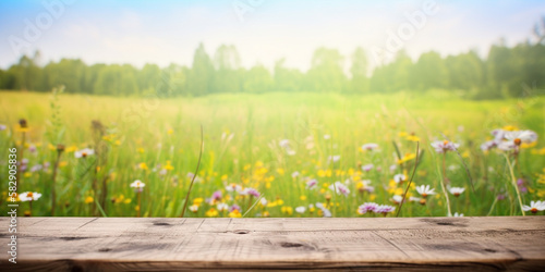 Wildflowers and wooden table background created with generative ai technology